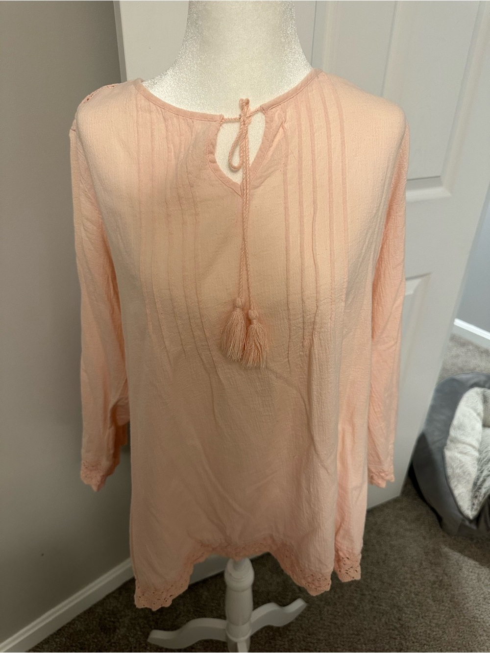 Faded Glory Peach Tassel Tie Pintuck Tunic